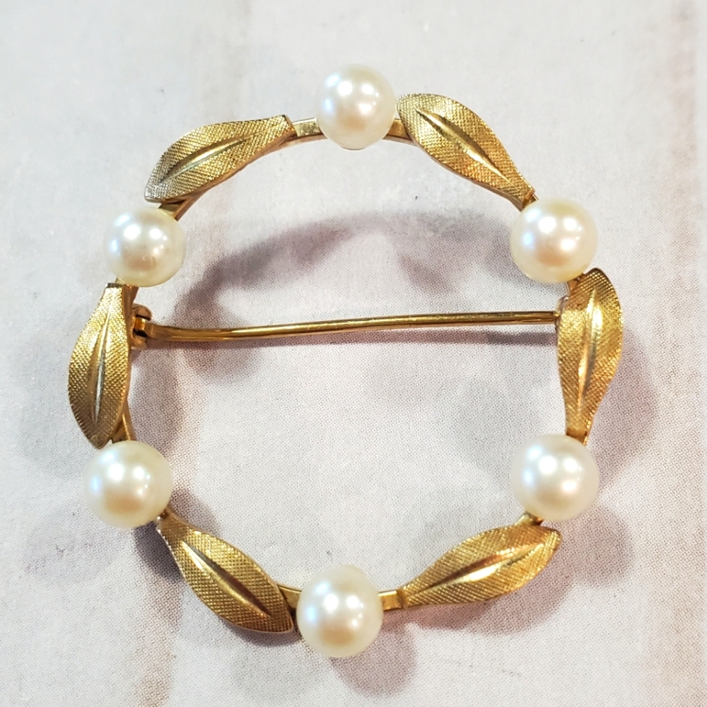 14k Yellow Gold And Pearl Vintage Wreath Brooch/Pin - Picture 1 of 11